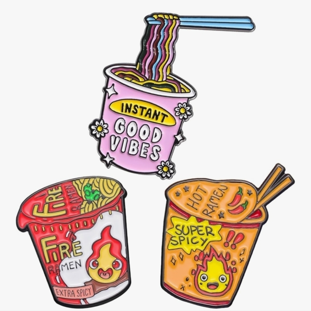 Instant Ramen Party Enamel Pins Set - Pink, Red, Yellow